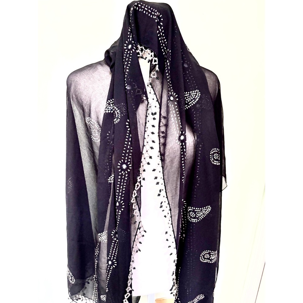 Black Boho Sheer Scarf with White Sequin Accents, Beaded Sparkly Fringe 67”x 41”